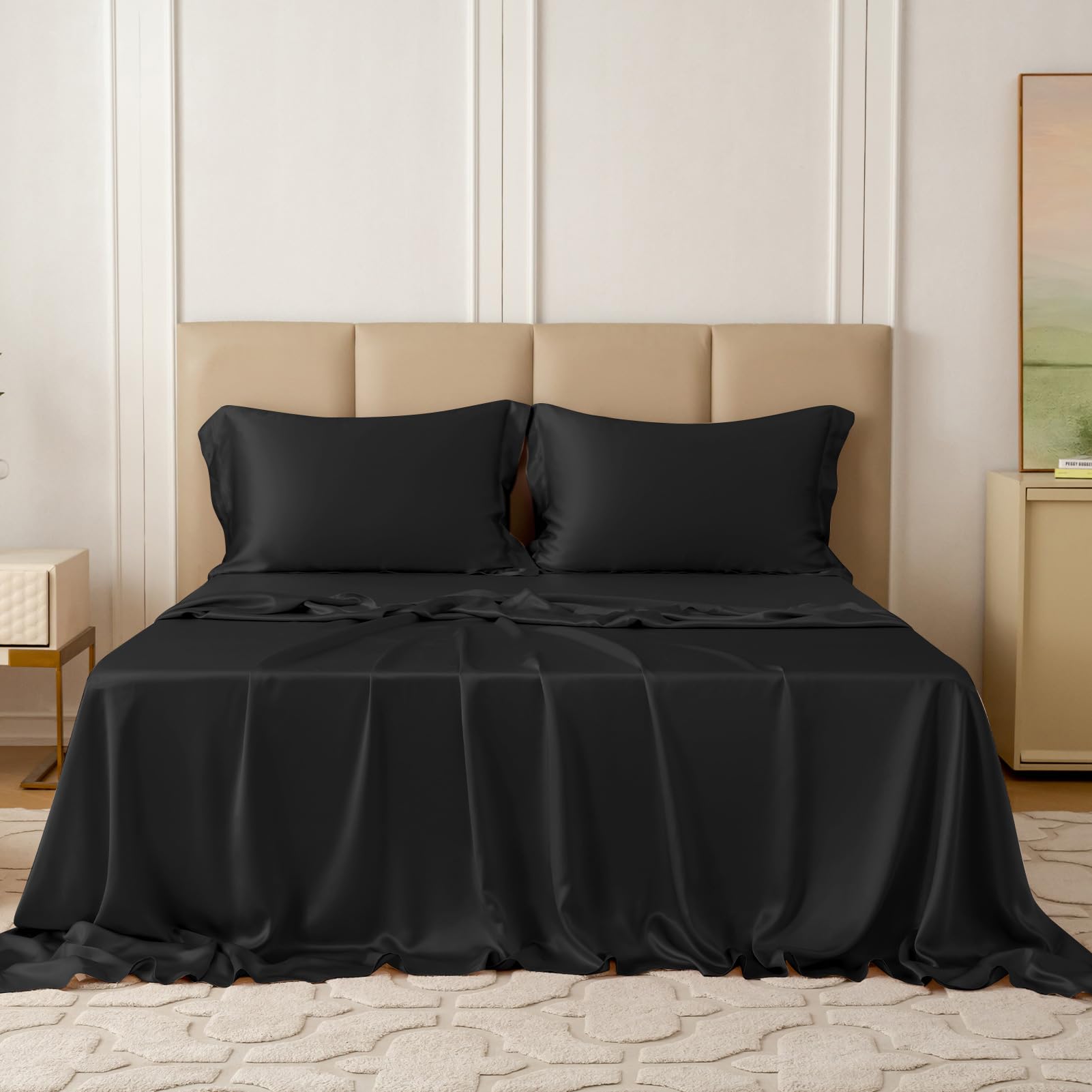 THXSILKSilk 22 Momme Black Sheet Set 4 Pcs Pure Mulberry Silk Bed Sheets