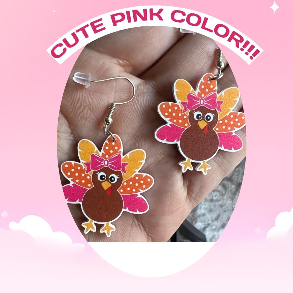 Cute Affordable Pair of Colorful Fun Turkey Earrings for Women. Fun Affordable Drop and Dangle Turkey Earrings for Thanksgiving. Great Pair of Turkey Feather, Turkey Earrings for Thanksgiving. Drop and Dangle Cartoon Turkey Earrings for Women. - Image 2