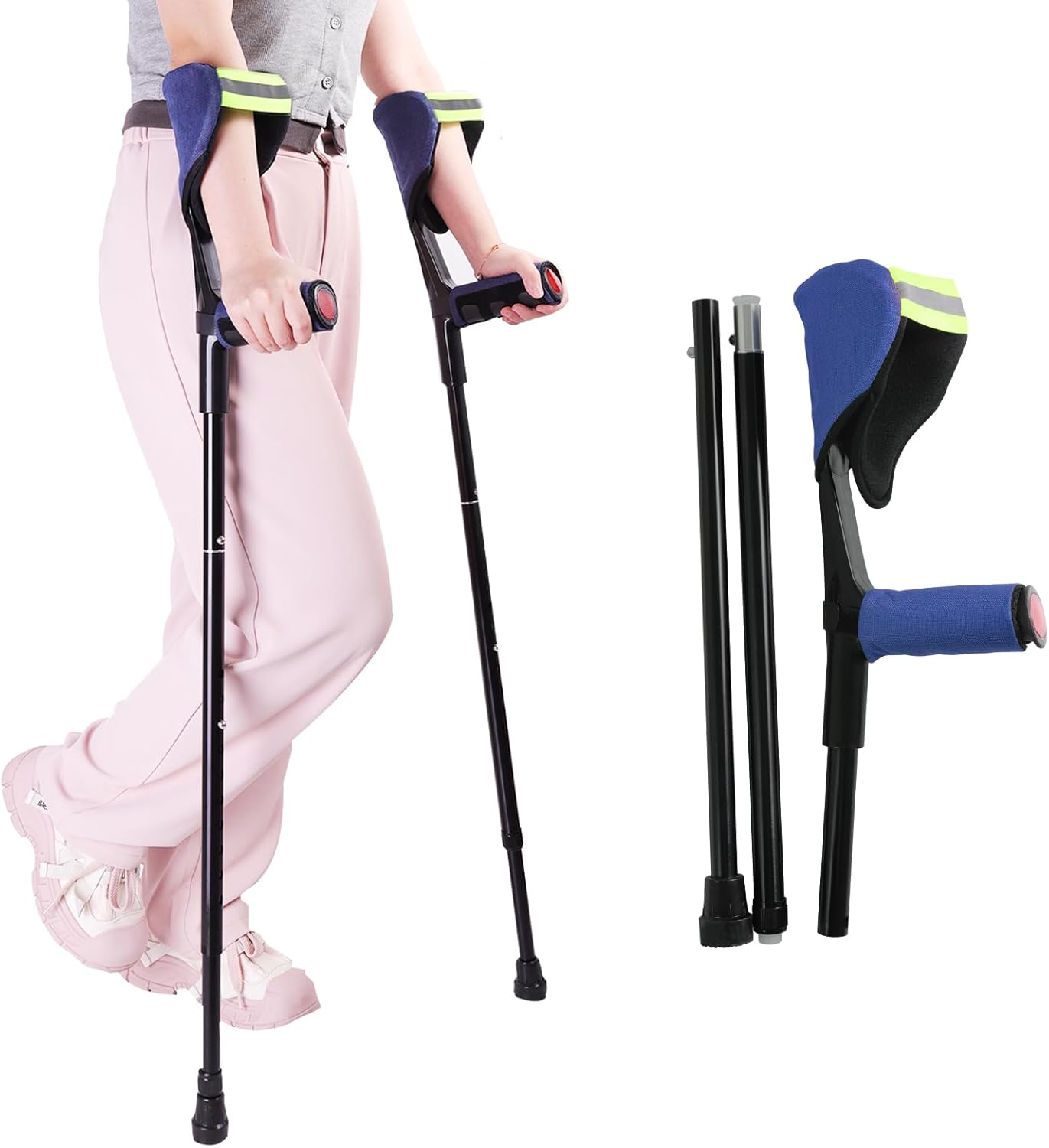 Forearm Crutches for Adult Men or Women with Cushion, 1 Pair, Adjustable, Foldable Arm Crutch with Elbow Strap, Light and Portable Crutches for Patients