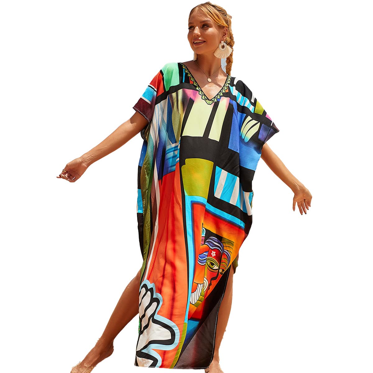 Snyemio Kaftan Vestido Largo Playero Mujer Maxi Pareo Verano Tunica Boho Talla Grande Kimono Estampado