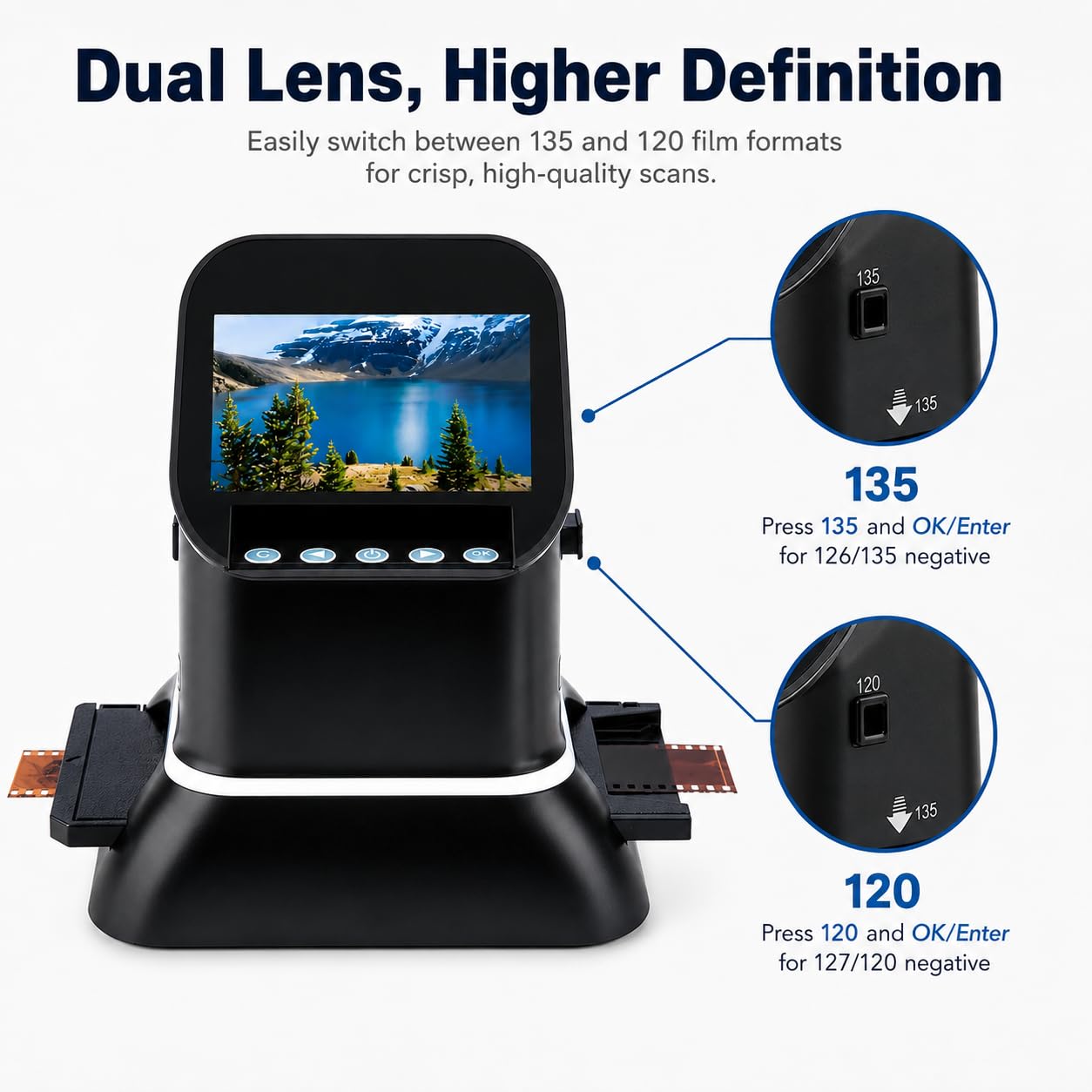Scanner de film 22 MP, diapositive moyenne format 35 mm et 120 numériseur négatif avec écran LCD de 4,3" et mémoire intégrée de 128 Mo