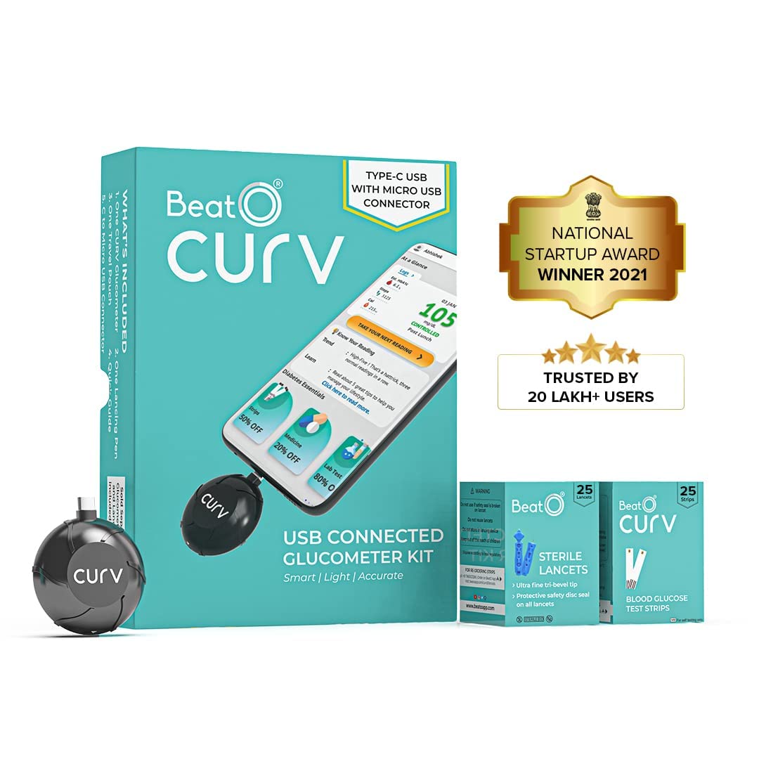 BeatO CURV Smartphone Connected Glucometer | Free 25 Glucometer Strips & 25 Glucometer Lancets | Sugar Testing Machine | Type-C USB Connector | Simple & Accurate Glucometer for Home | ISO Certified: Made in India