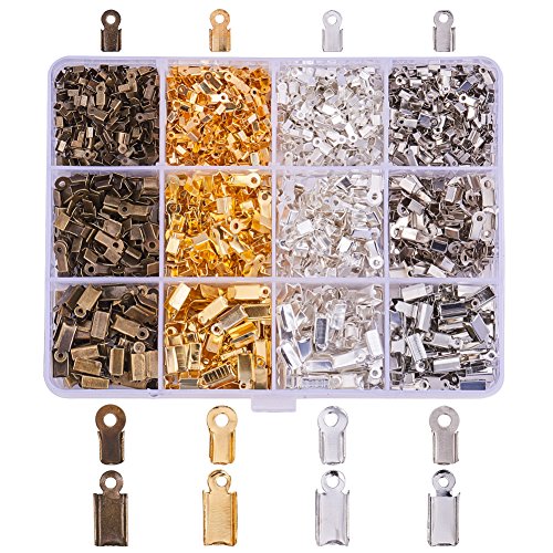 PandaHall Elite About 1760 Pcs Iron Fold Over Cord Ends Terminators Crimp End Tips for Leather 3mm 3.5mm 4mm for Jewelry Making 4 Colors