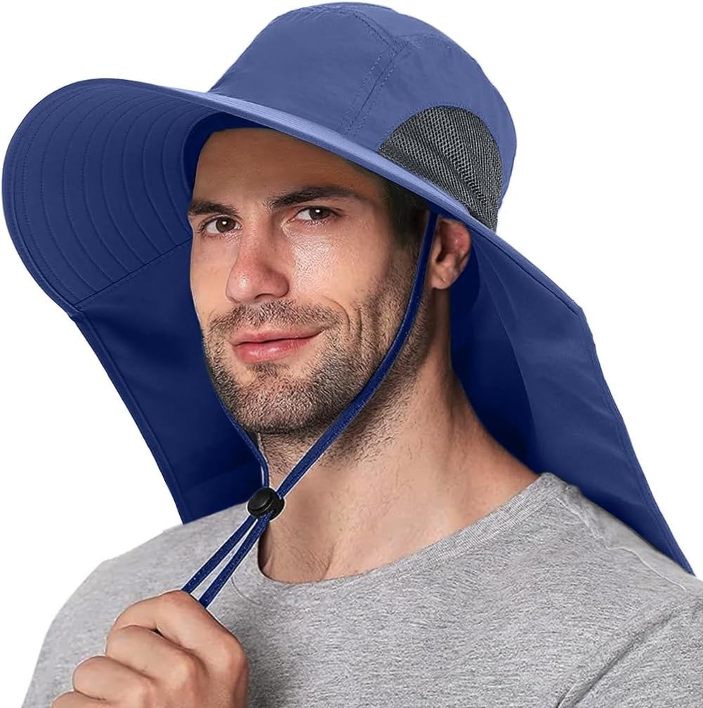 Sun Hat for Men Wide Brim UPF 50+ Hats for Men with Neck Flap Breathable Adjustable Windproof Chin Strap for Hiking Fishing Gardening Navy