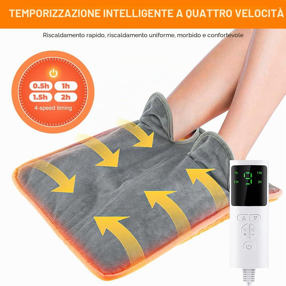 Scaldapiedi Elettrico, 9 Impostazioni di Temperatura, 4 Impostazioni del Timer, Spegnimento Automatico, Lavabile, Grigio, Flanella, 40 x 40 cm