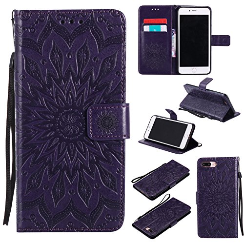 iPhone 8 Plus Case,iPhone 7 Plus Wallet Case, Sun Pattern Embossed PU Leather Magnetic Flip Cover Card Holders & Hand Strap Wallet Purse Case for iPhone 7 Plus / 8 Plus [5.5 Inch] - Purple