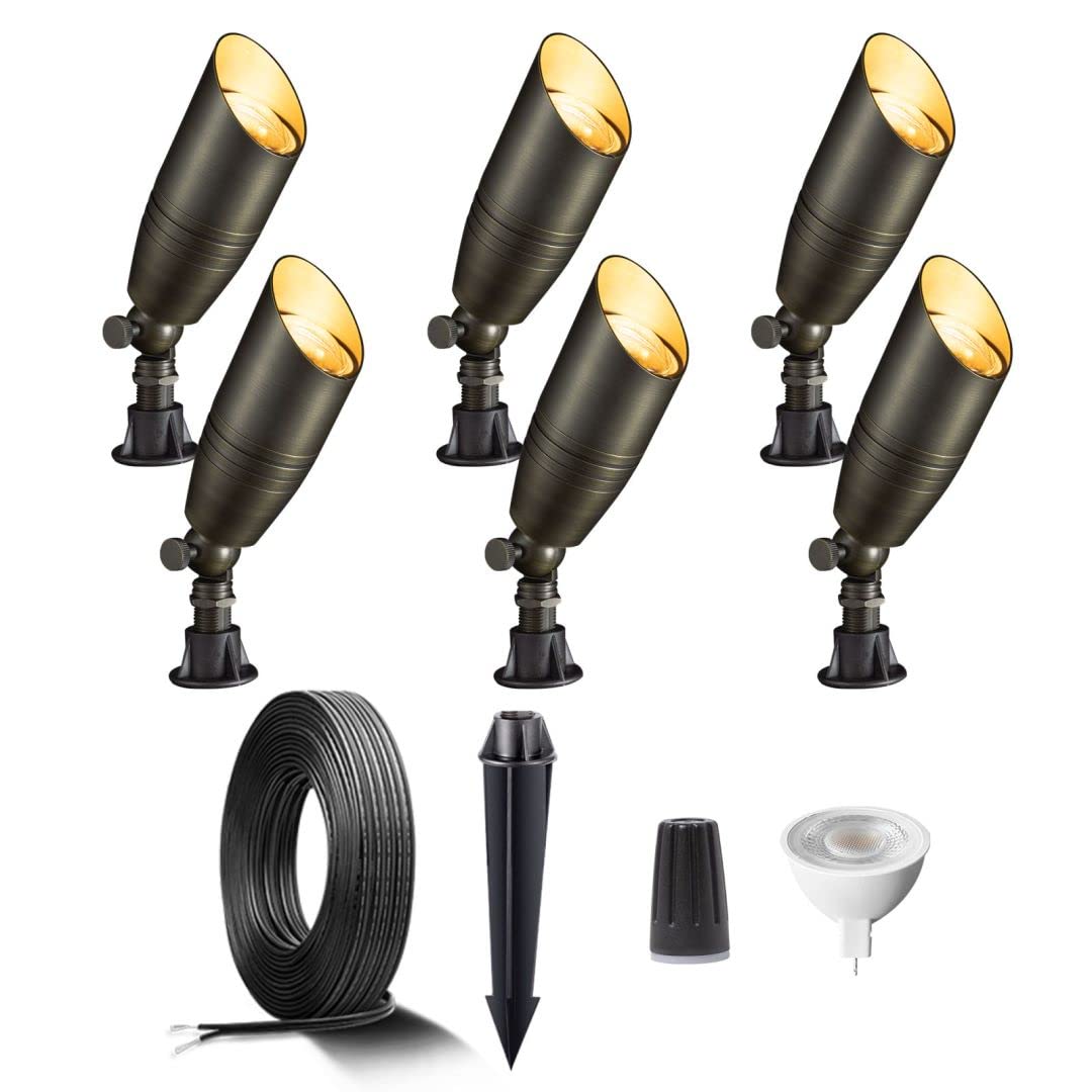 Gardenreet Brass Low Voltage Landscape Spotlights(6-Pack) Kit 12V LED with 100 Feet Wire and 30Pack Connectors for Outdoor Yard Garden Patio Without Transformer