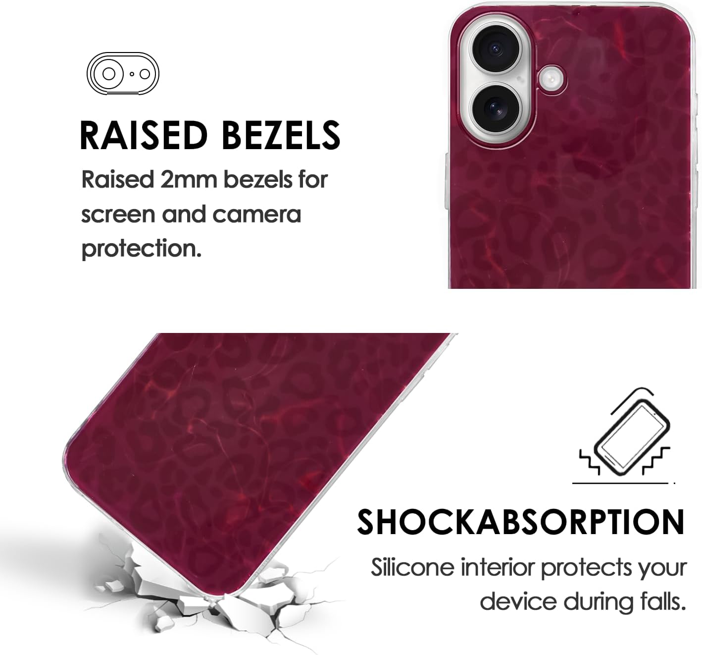 Svanove for iPhone 16 Phone Case Cheetah Print, Cute Girly Leopard Pattern Aesthetic Y2k Iridescent Design, Clear Bumper Slim Thin Gloosy Acrylic Hard Shell Plastic Case for Women Girls, Burgundy image 5
