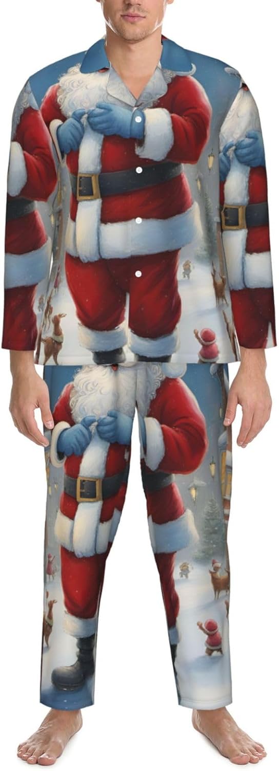 Santa Claus Snow Secenry Print Luxurious Mens Pajamas Set,Breathable Pajamas Set,Perfect For Lounging Bed,Sofa