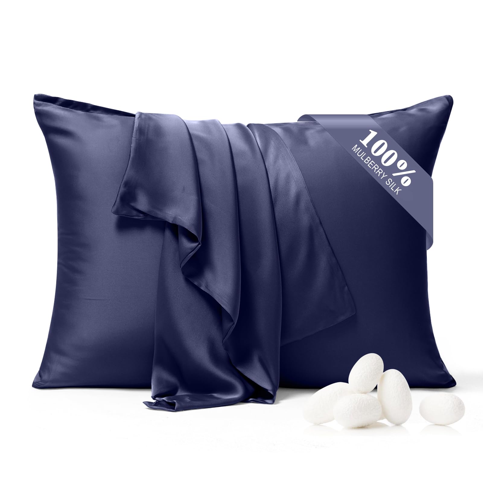BYDHZN 100% Pure Silk Pillowcase 2 Pack for Hair and Skin, Both Sides 23 Momme Grade 6A+ Mulberry Silk Pillowcases with Hidden Zipper, Soft&Smooth Cooling Pillow Cases (Navy Blue, Queen 20x30)