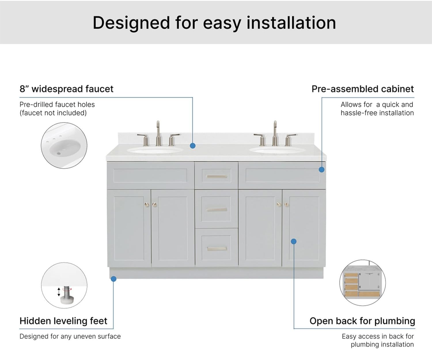 ARIEL Hamlet 60-inch Bathroom Vanity with Sink,Solid Wood, 1.5-inch Carrara White Quartz Countertop & Backsplash, Double Oval Porcelain Sink, 4 Soft Closing Doors, 3 Dovetail Drawers, Grey