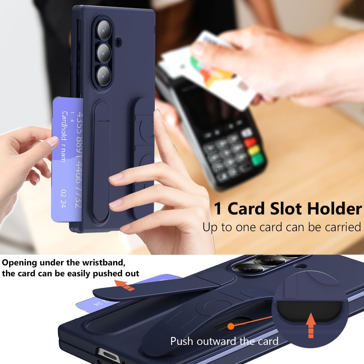 Wrist Strap for Samsung Galaxy Z Fold 7 Case with Card Slot, [Finger Strap] [Kickstand] [Front Screen Protector] Full Body Slim Thin Scratch-Resistant Protective Phone Case for Z Fold 7 Blue