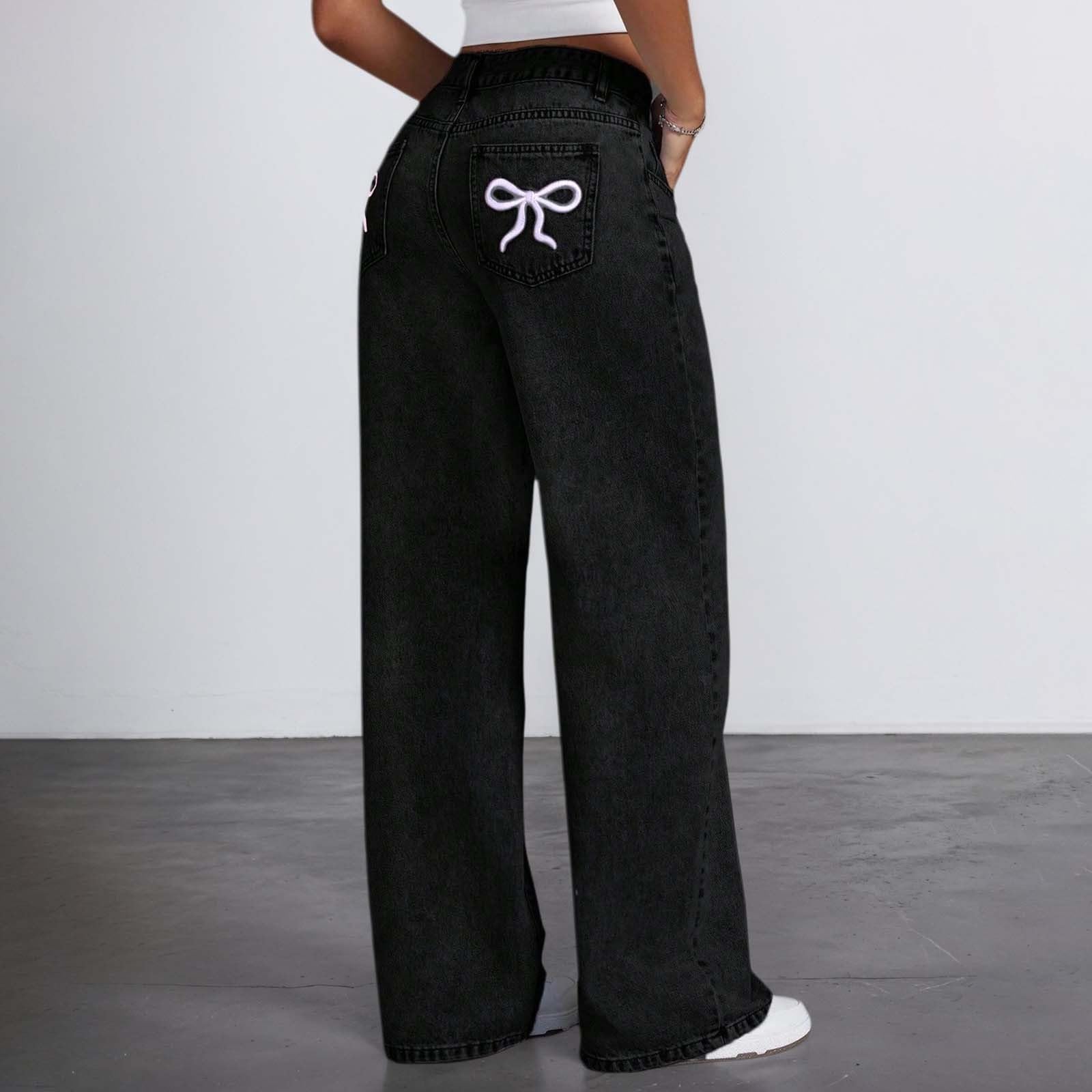 Jeans Elastico Vita-Pantaloni in Denim A Vita Alta Svasati per Ragazze Adolescenti con Tasche Posteriori Ricamate, Jeans Casual A Gamba Larga Effetto Consumato, Comodi Jeans Elasticizzati Morbidi