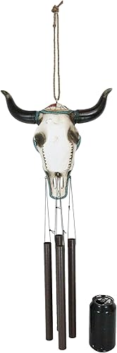 Miniatura 6 de Ebros Gift Gran calavera de vaca tribal, tribal, rústico, occidental, con bandera estadounidense y cuentas de turquesa, carillón de viento