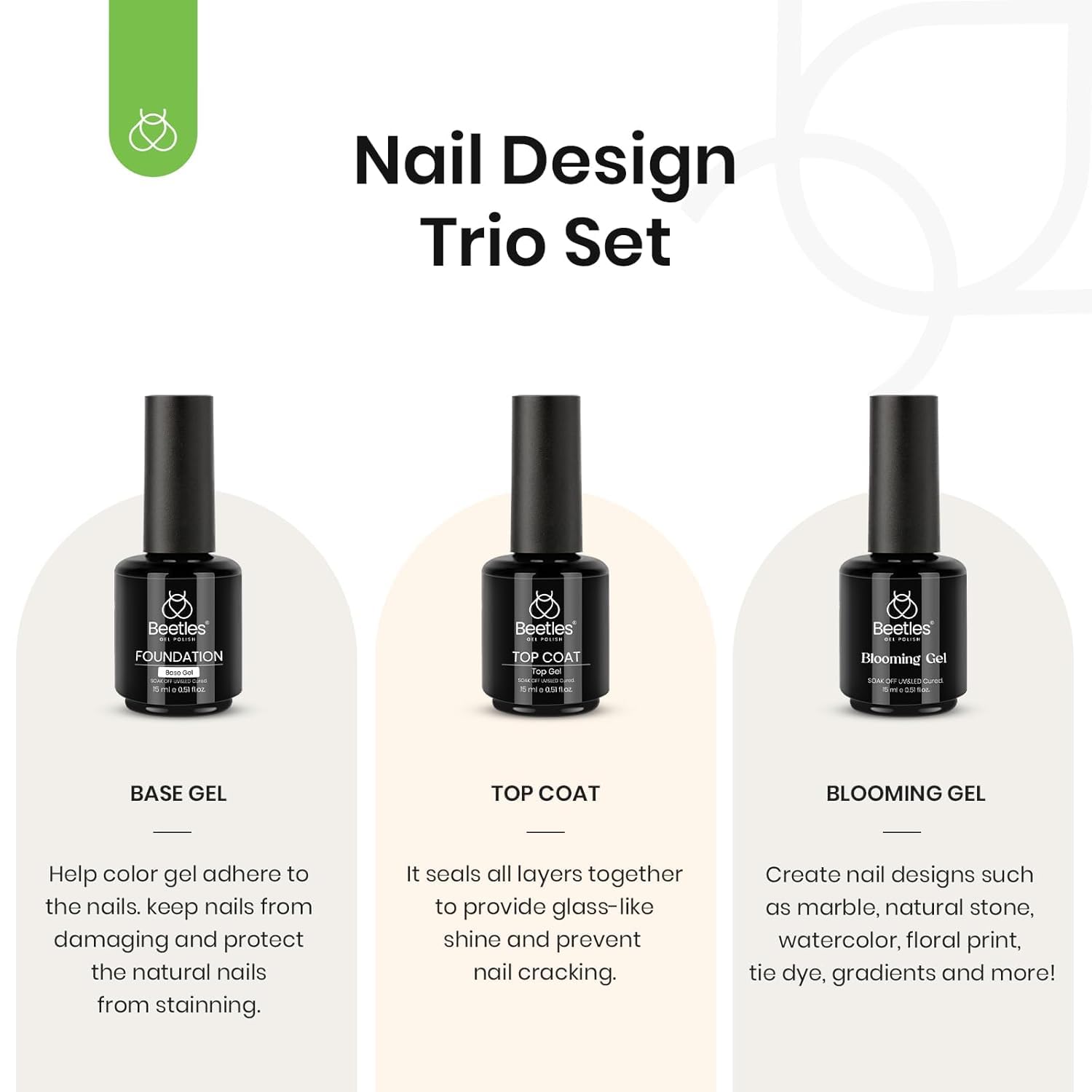 Beetles Nail Blooming Gel & No Wipe Gel Base Top Coat Set, 3 sztuki 15 ml żelu bazowego o błyszczącym wykończeniu, który może być żelowym prezentem do manicure dla kobiet