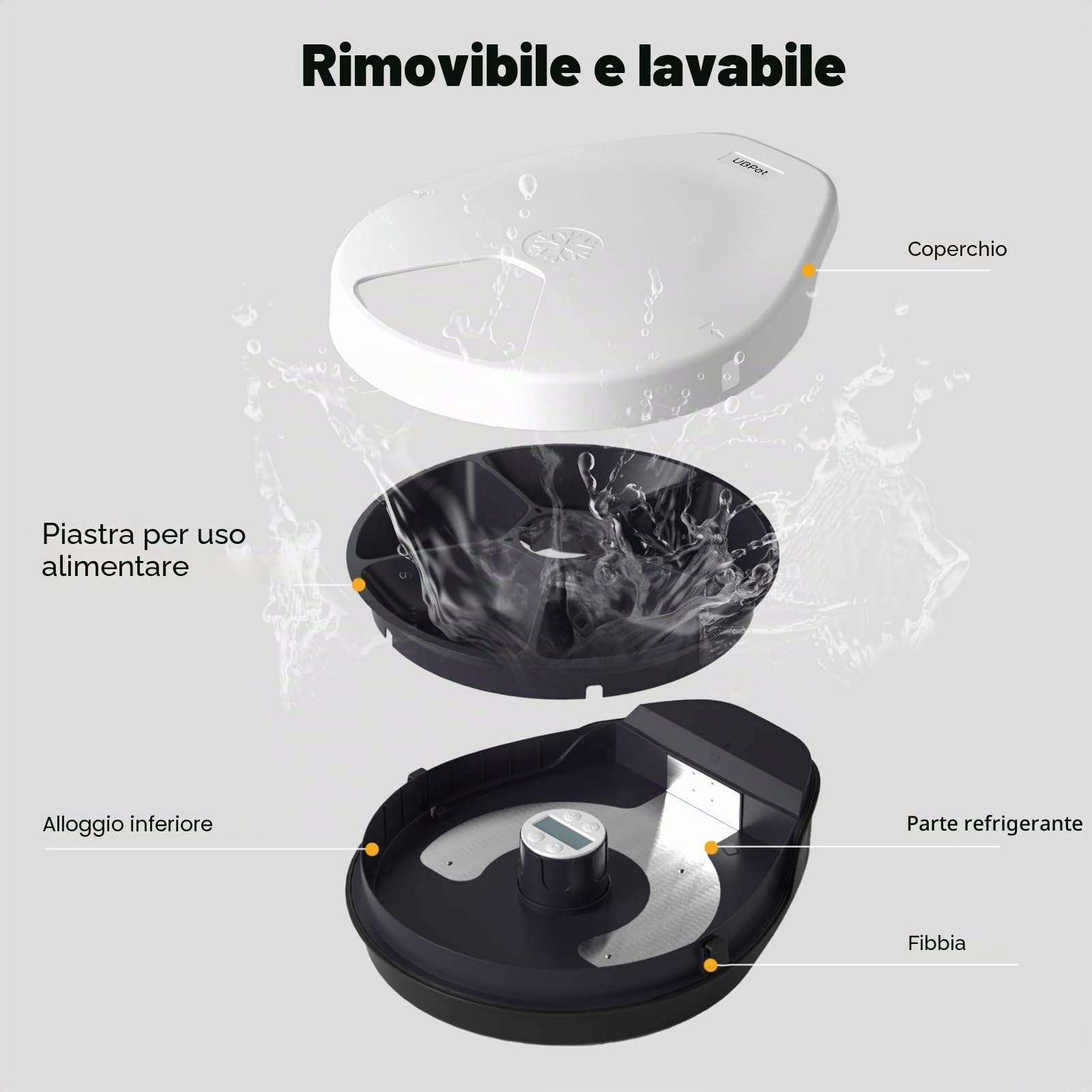 Mangiatoia automatica per gatti con raffreddamento, tecnologia di raffreddamento a semiconduttore, funzione di temporizzazione, 5 scomparti, piatto premium, lavabile, per gatti e cani