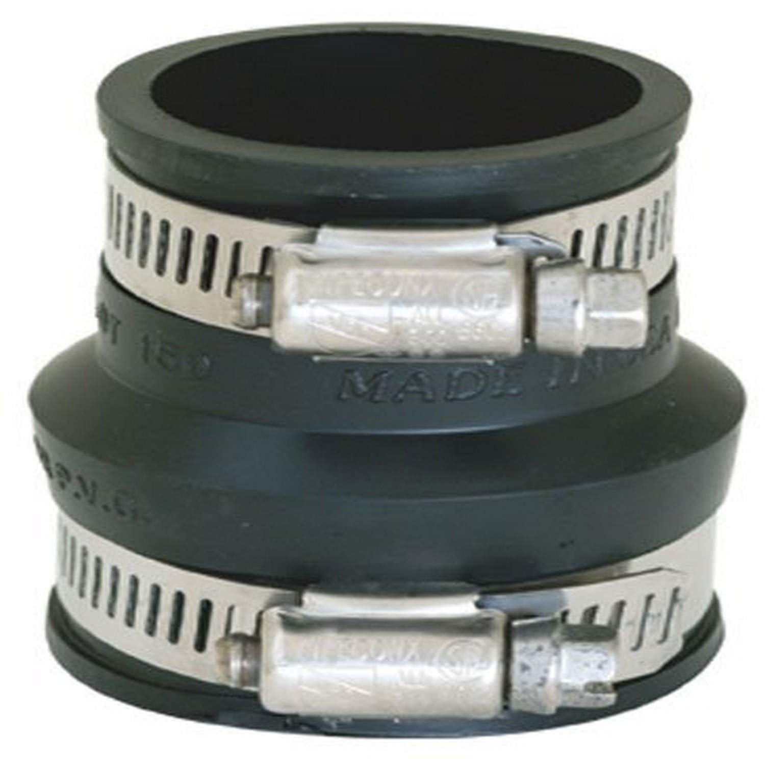 Eastman 2 Inch x 1-1/2 Inch or 1-1/4 Inch Black Trap Rubber Connector, Stainless Steel Clamps, 86013