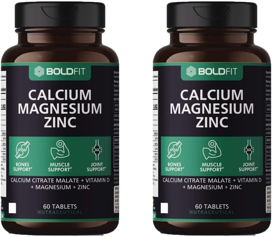 Boldfit Calcium Supplement 1000mg for Women and Men with Magnesium, Zinc, Vitamin D and B12 - Ideal for Bone and Joint Support - Calmagzinc Pack of 2-120 Vegetarian Tablets