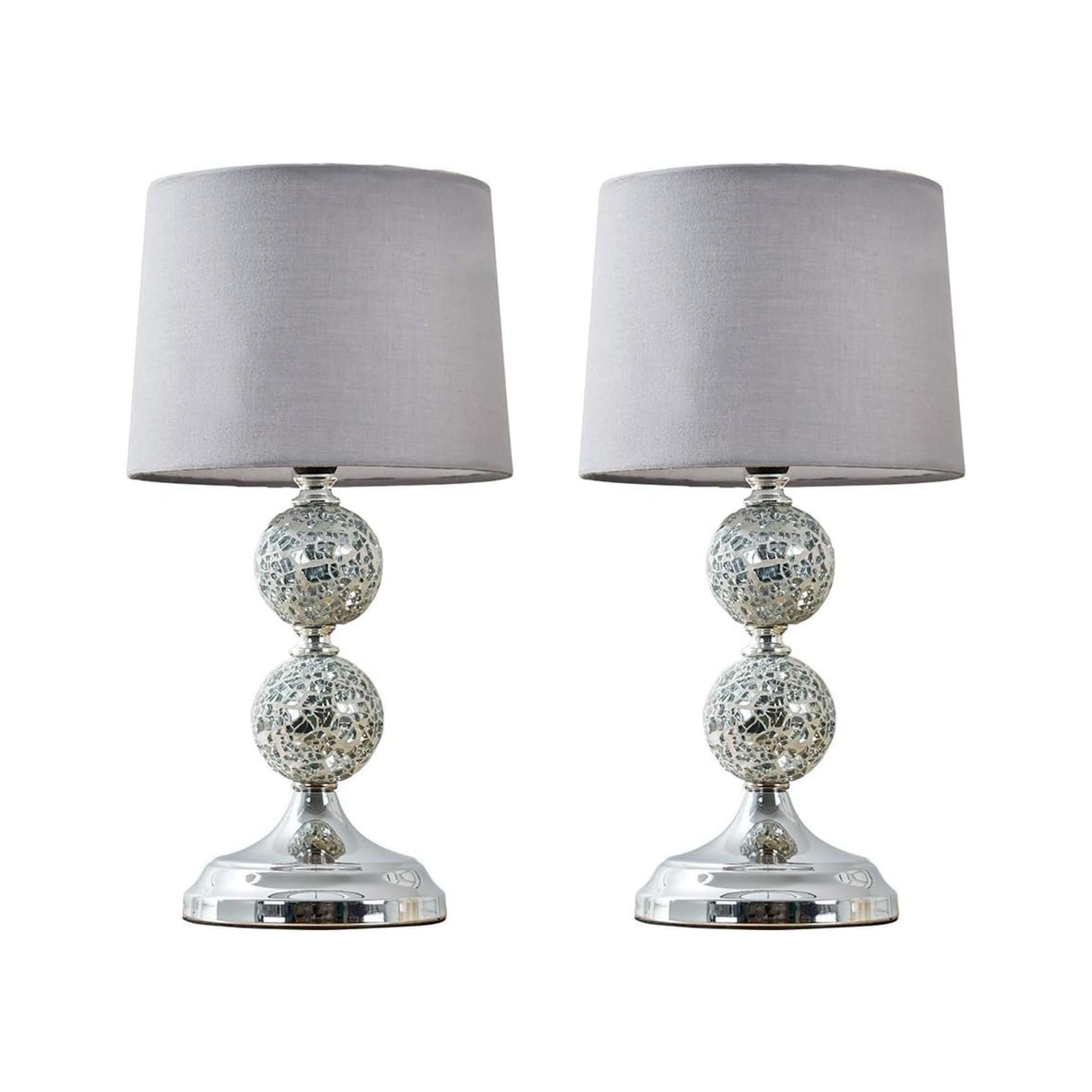 MiniSun | Modern Chrome and Mosaic Glass Table Lamps with Grey Shades | Table Lamps, Home Décor & Improvement Essential | Set of 2