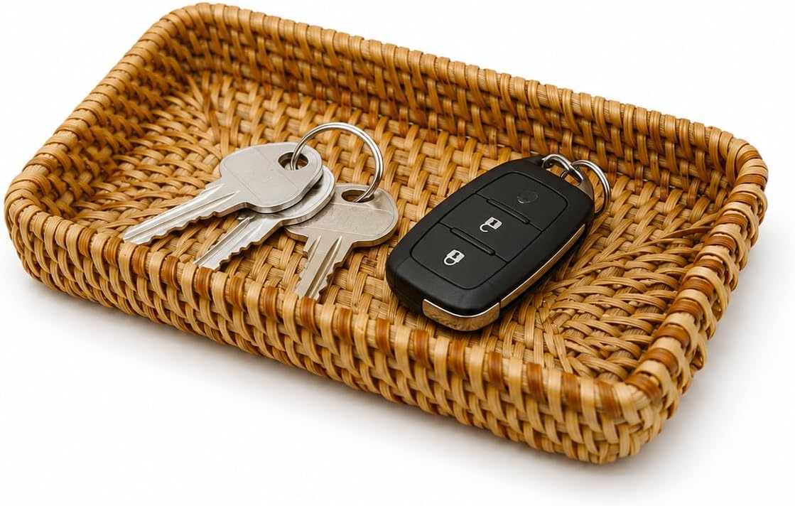 Rattan Catchall Tray Holds Keys, Watches & Small Daily Items