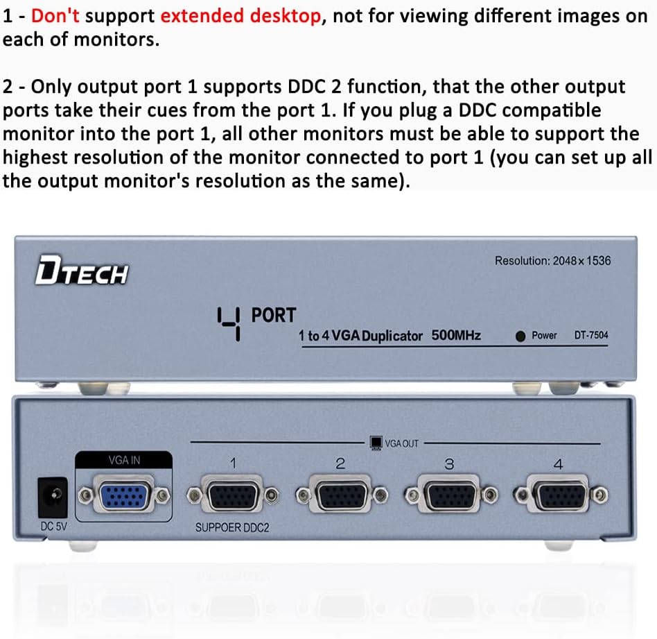 Best Deal 🛒 DTECH Powered 1 in 4 out VGA Video Splitter Distribution Box Signal Copy with Power Adapter 500MHz High Resolution 1080p