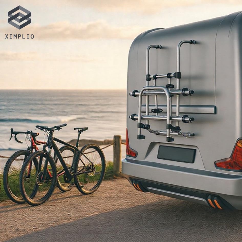 XIMPLIO Wallrider Portabici per Camper e Caravan, Alluminio Anodizzato, per 2 Biciclette ed E-Bike, Carico Massimo 50 kg, Pieghevole con Antifurto Integrato