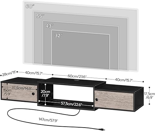 Miniatura 2 de HOOBRO Soporte de TV flotante de 55 pulgadas con tomas de corriente, moderno estante de consola multimedia montado en la pared con puertas, centro