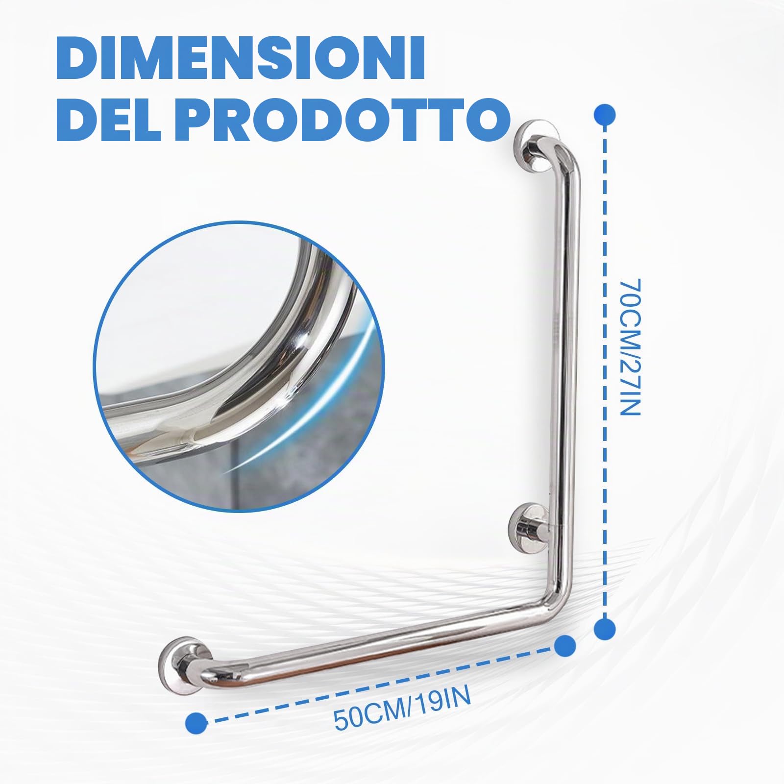 Maniglia di sicurezza da bagno, in acciaio inox lucido, 70 x 50 cm, a forma di L, per docce, angolo verticale, antiscivolo, per donne incinte, anziani e handicap (argento, sinistra)