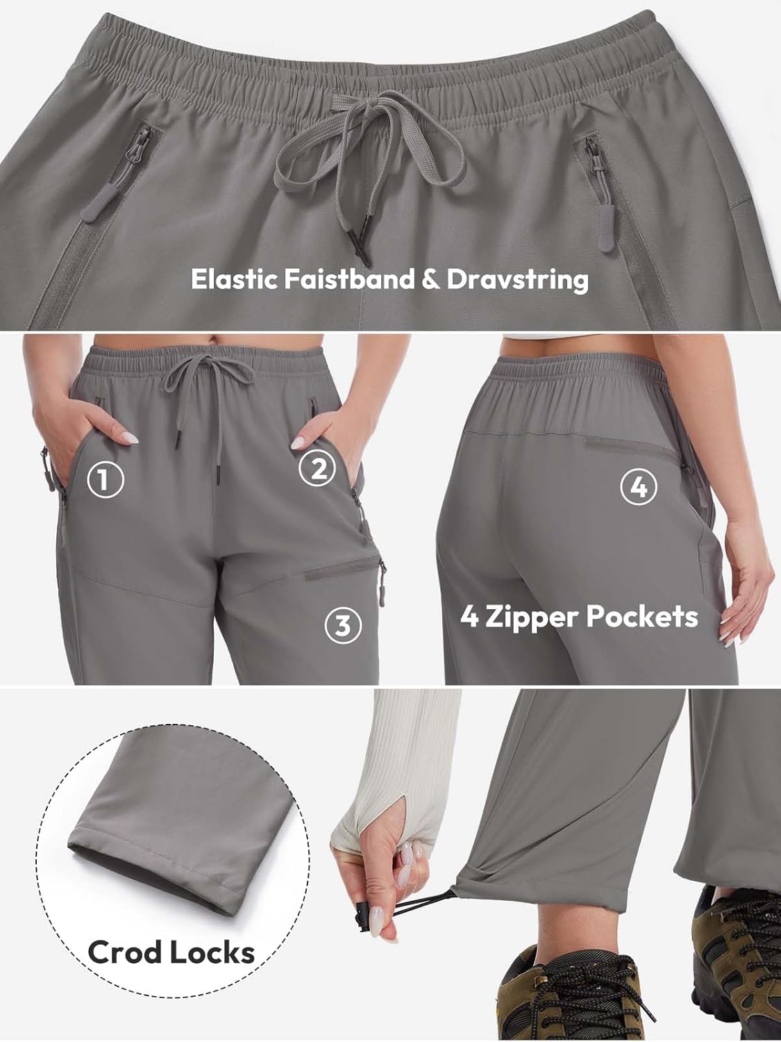 Womens Lightweight Hiking Cargo Pants with 4 Zipper Pockets Quick Dry Joggers for Workout Casual Outdoor Camping