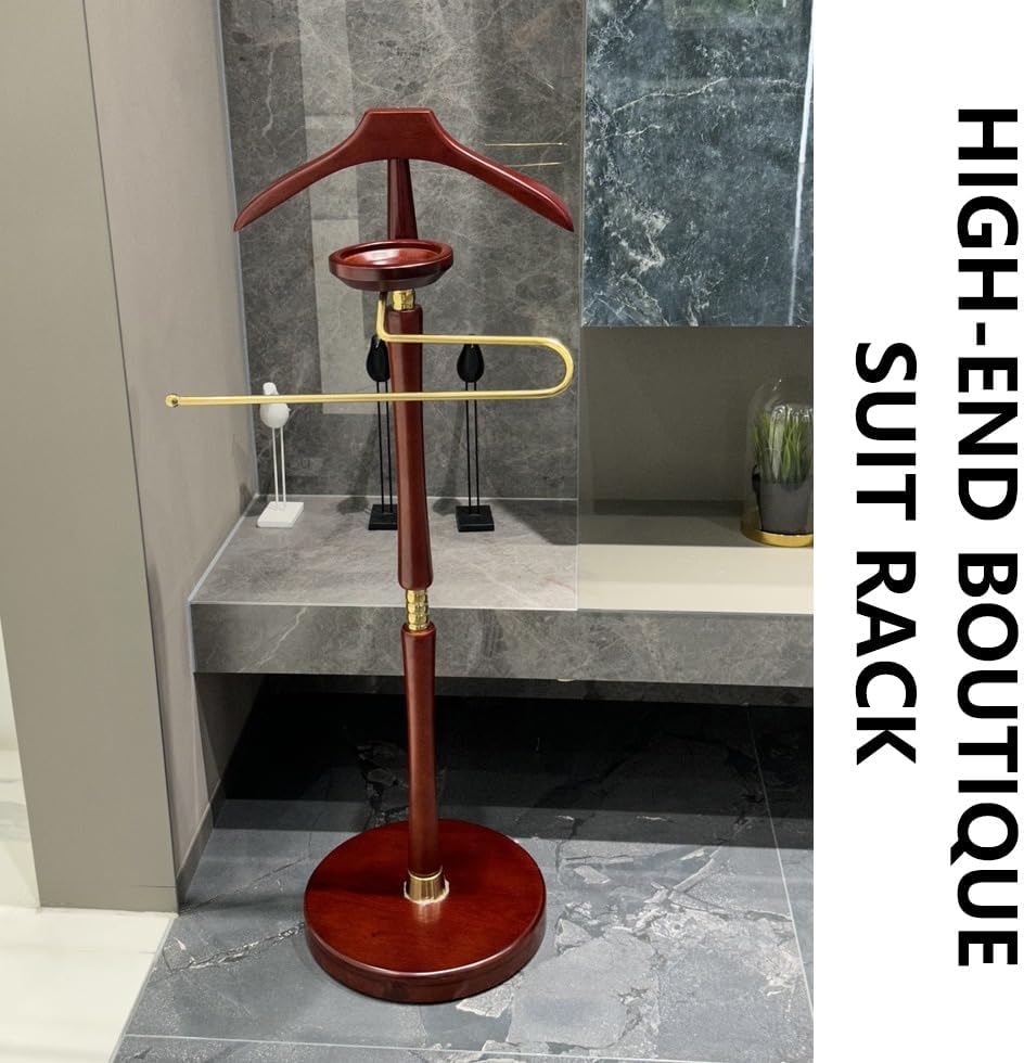 Elegant Wooden Valet Stand for Men - Solid Wood Suit Rack with Trouser Bar Tie & Belt Hanger Storage Tray - Stylish Clothing & Accessory Organizer,