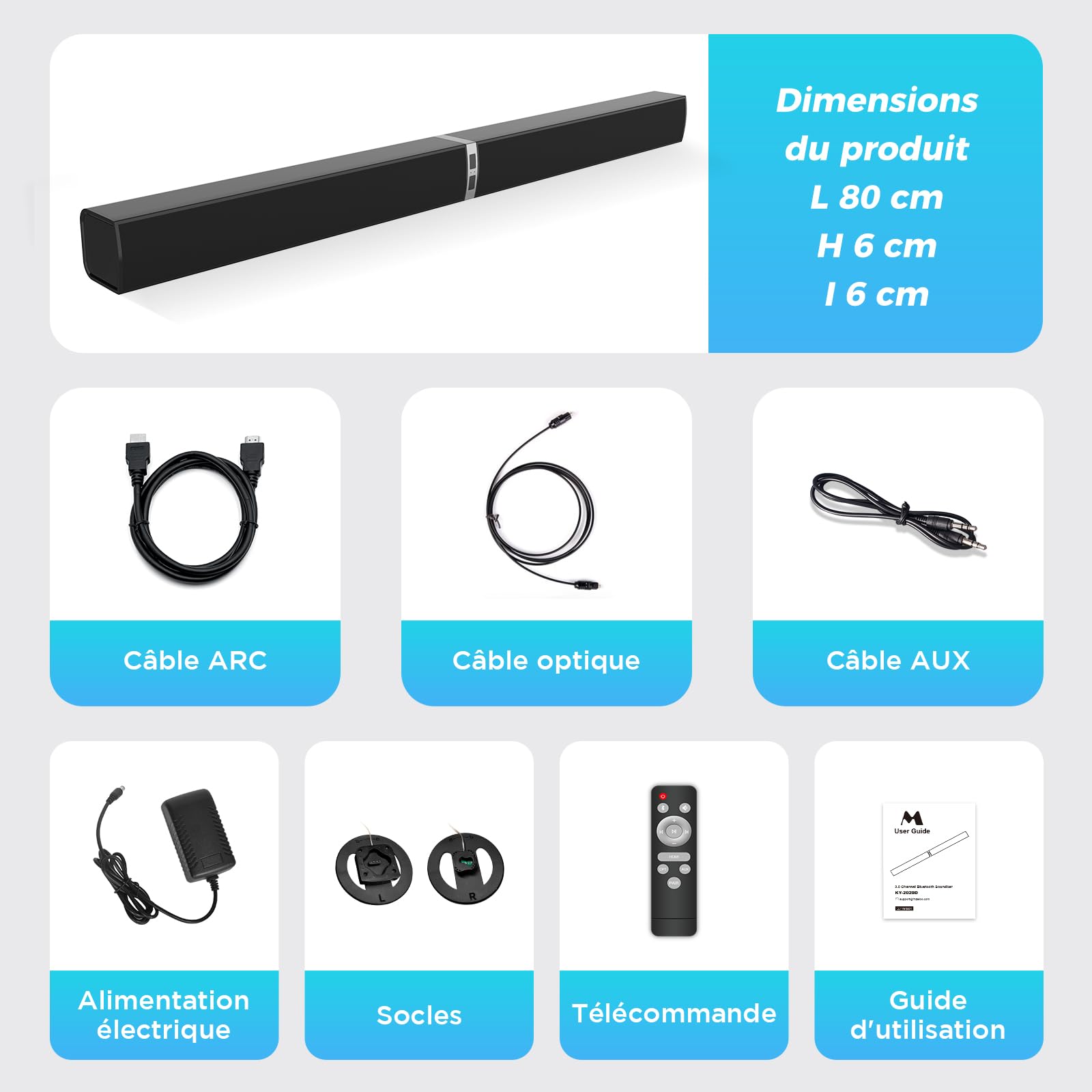 Barre de Son 2.0 canaux pour téléviseurs, Barre de Son 2 en 1 Divisible 32 Pouces pour TV Barre de Son Bluetooth avec 3 Modes EQ et Son Surround 3D, Barres de Son Arc/Optique/AUX, 1pcs