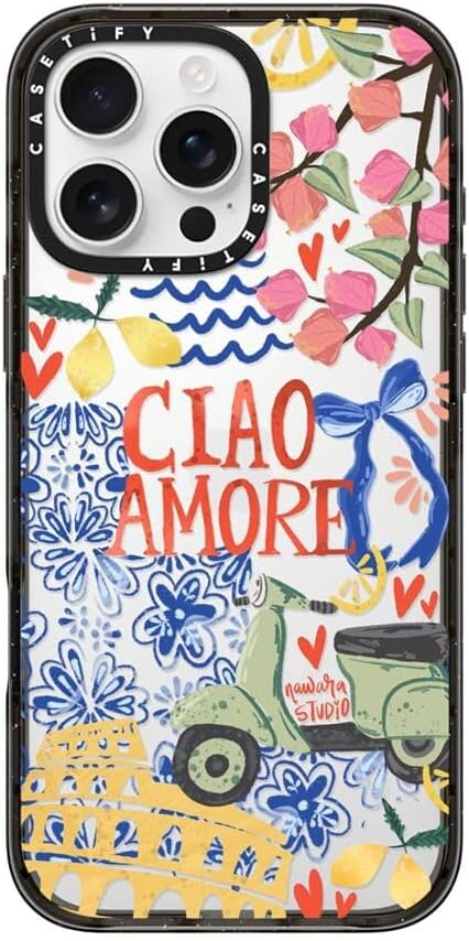 CASETiFY Impact Case for iPhone 16 Pro Max [Slim / 8.2 ft. 4X Military Grade Drop Protection/Wireless Charging Compatible] - Ciao Amore - Clear Black