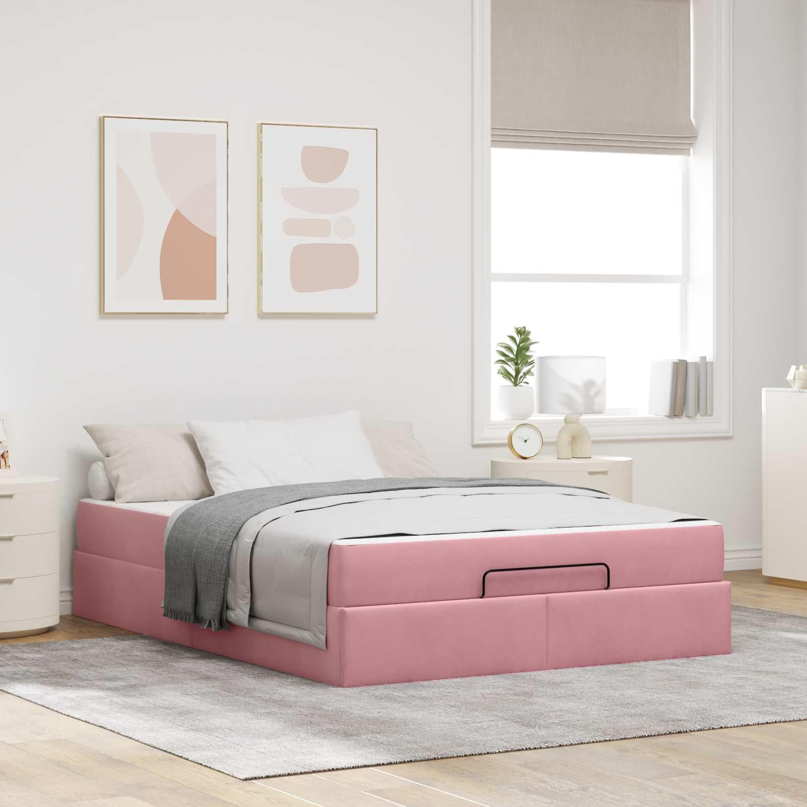 Aksamitny nowoczesny stelaż z materacem różowy 160 x 200 cm | Rama łóżka z materacem 2 pcs Różowy Aksamit 160x200 z szufladą, nowoczesny stelaż z pojemnikiem, miękki tapicerowany zagłówek