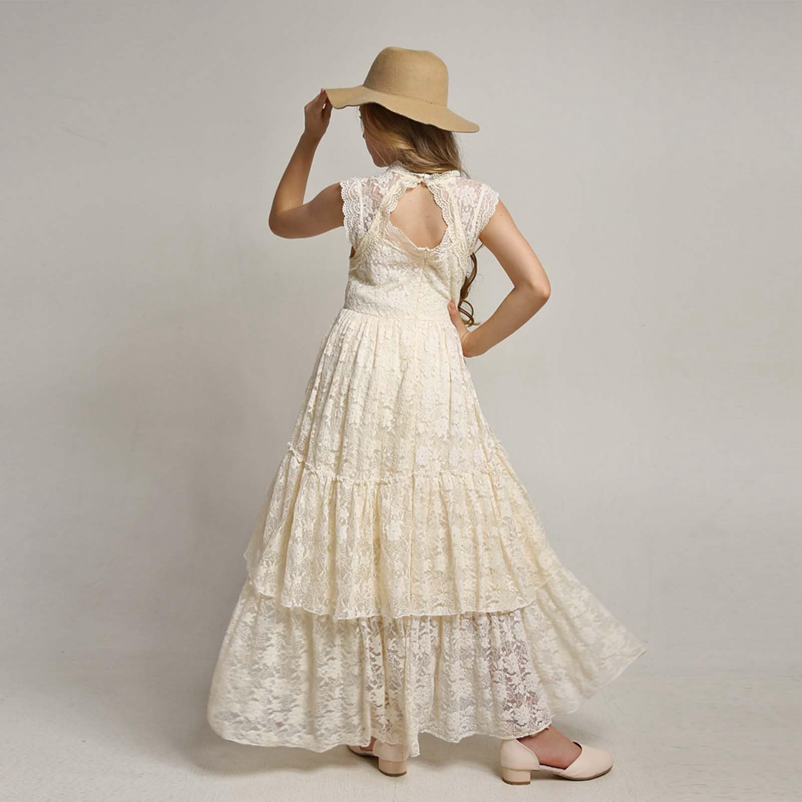 Vestito Cerimonia Bambina 4-14 Anni Elegante Lungo in Pizzo con Gonna a Strati Vestiti Eleganti Casual Cowgirl Abito Prima Comunione Abiti da Damigella per Festa, Matrimoni e Spettacoli,