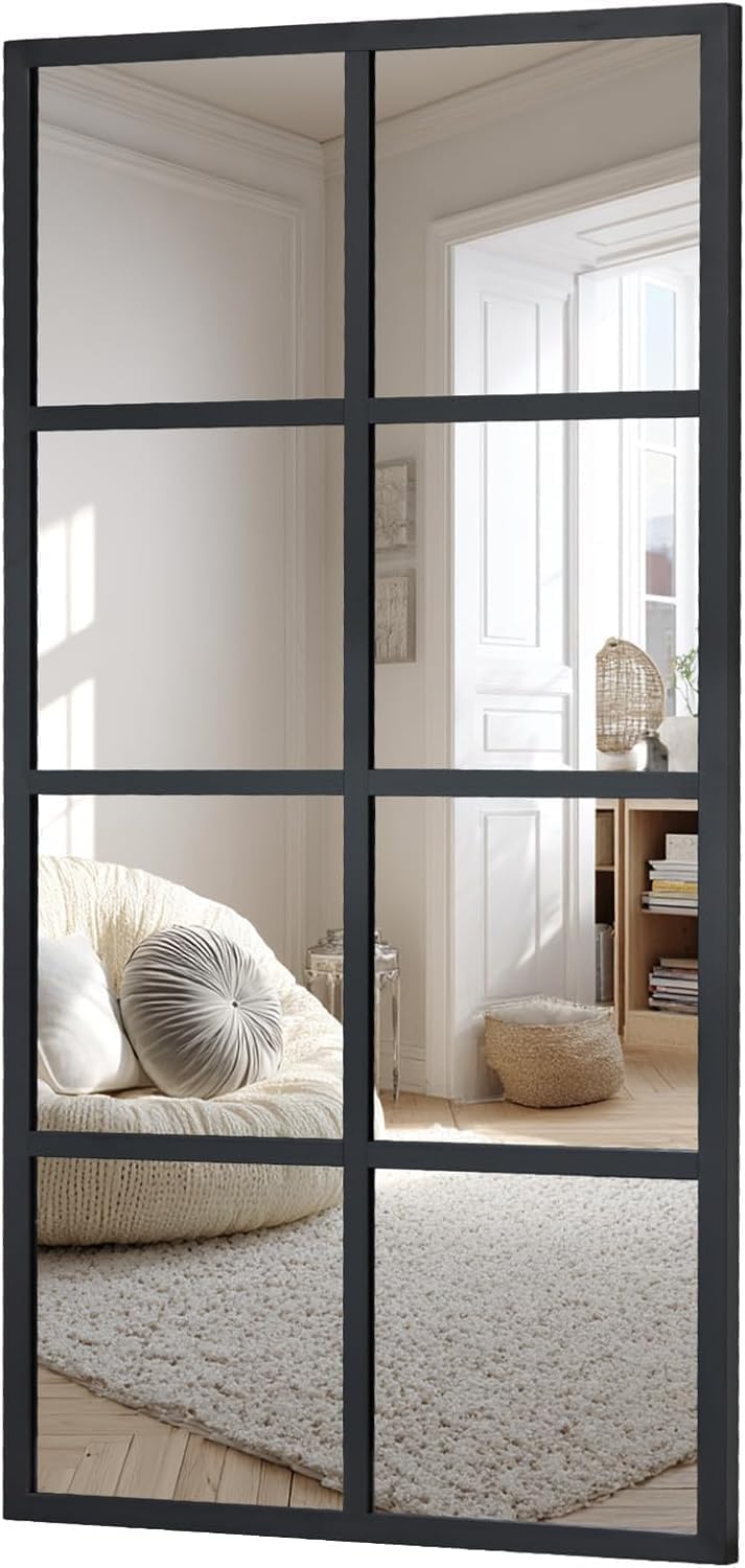 Simple Deluxe Window Pane Mirror 16" x 32", Rectangular Decorative Wall Mirror, Black Metal Frame Grid Mirror for Bathroom, Bedroom, Entryway, 1 Pack