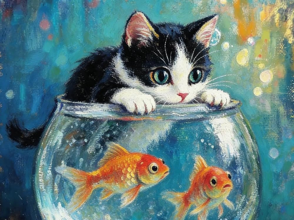 Brennora Full Drill Diamond Art 5D Diamond Painting Kits Cat and Goldfish Round Rhinestone, DIY Adult and Crafts Home Decor 40x50cm