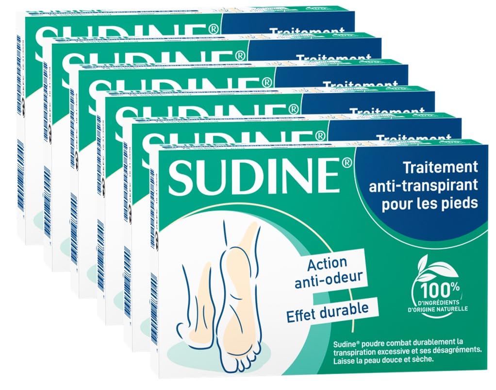 Set di 6 - Sudine Polvere Trattamento antitraspirante - Piedi - Regola il sudore - Assorbe - Previene le micosi - Senza sali di alluminio - Made in France - Scatola 6 bustine doppie