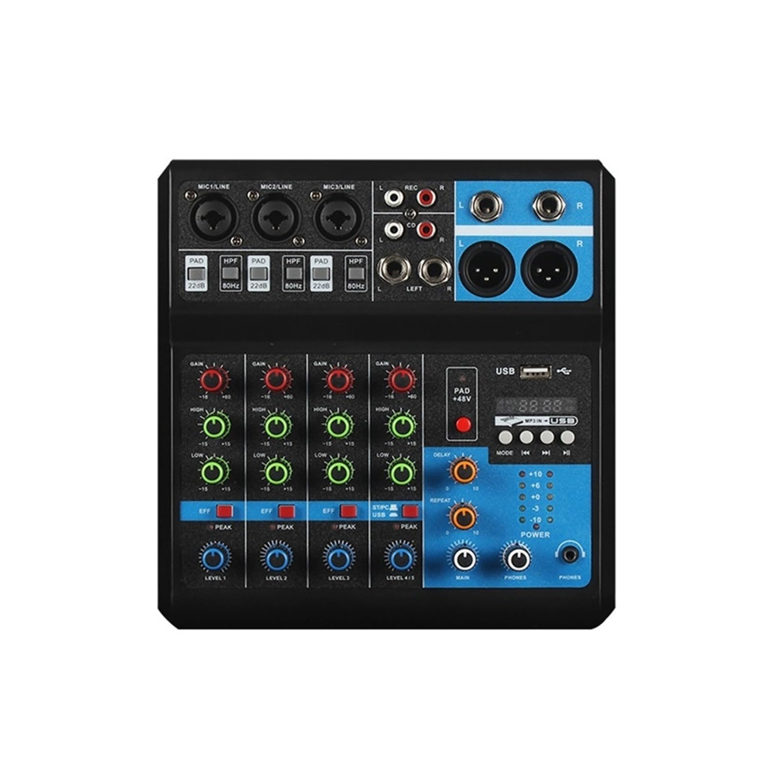 Mixer audio, Mixer DJ portatile professionale a 5 canali con alimentazione Phantom 48 V integrata, console di missaggio audio USB for trasmissione in diretta sul palco