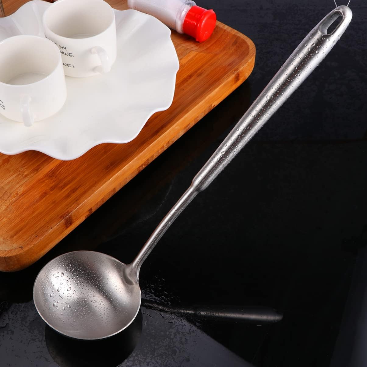 3pcs Handle Restaurant Stainless Soup Cookware Utensils Cooking Ladle Spoon for Kitchenware Kitchen Round Scoop Home Steel Heavy Duty Spoon，Silverx3pcs-35X9X9CMx3pcs