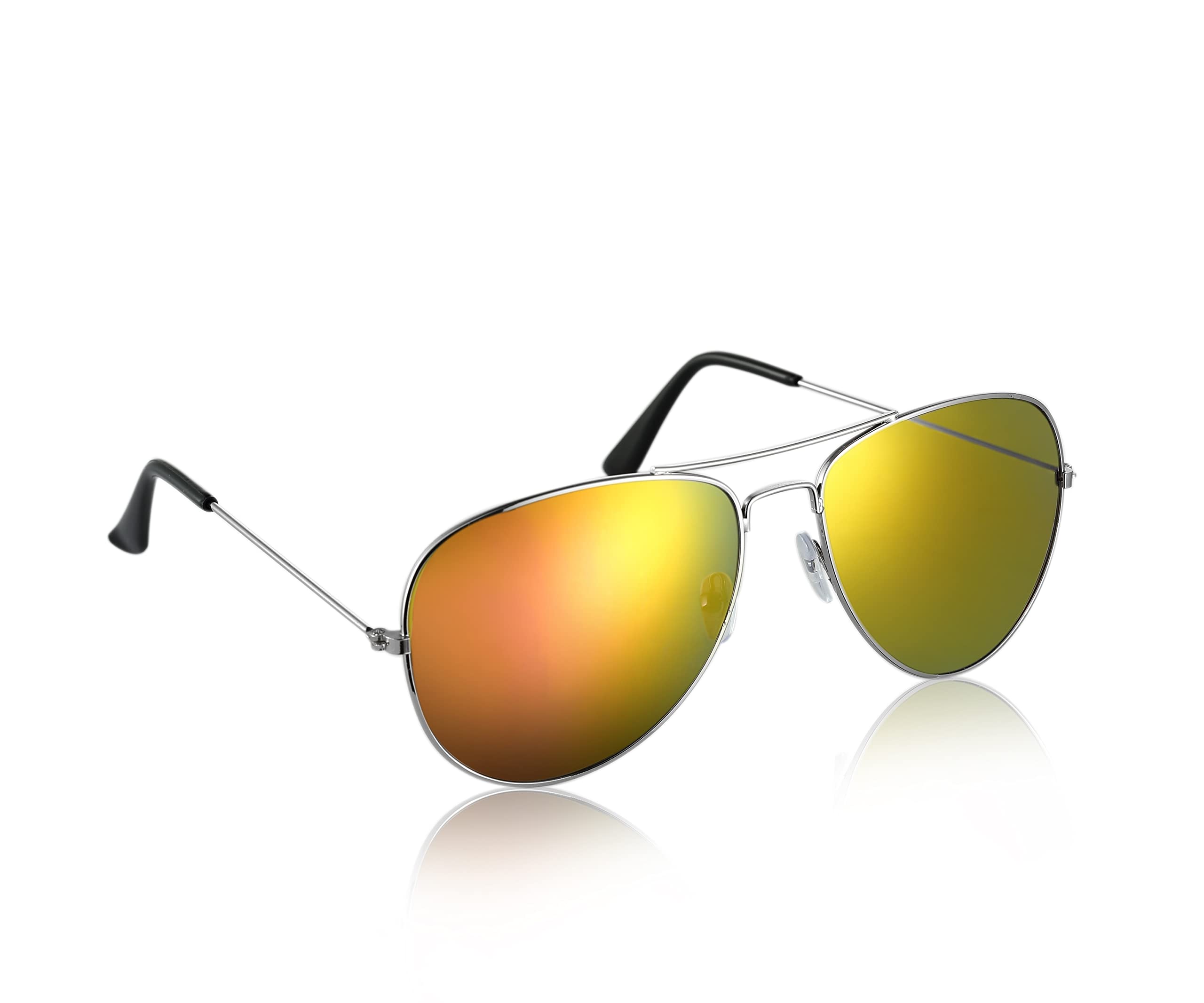 Komonee Pilot Style Silver With Mirrored Reflective Lens Sunglasses Set With Cloth Soft Case and Cleaning Cloth Designer Unisex Mens Womens UV400 Classic Shades