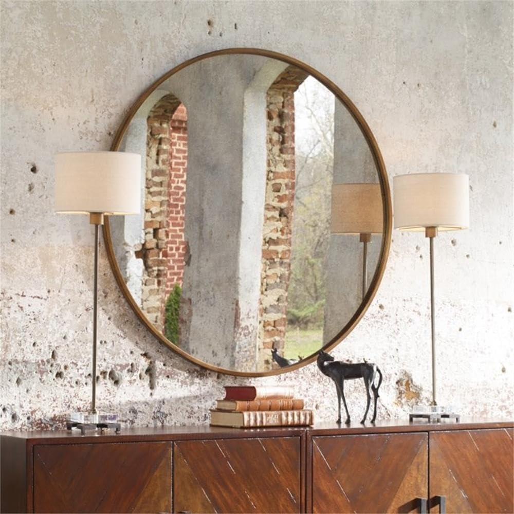 BOWERY HILL Contemporary Table Lamp, 33 in H, Iron and Crystal Material, Antique Brass Finish, Beige Linen Drum Shade, 1-Light, Type A Bulb, Versatile Design for Living Room or Bedroom