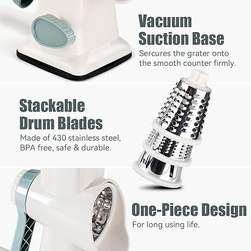 Miniatura 5 de KEOUKE Rallador rotativo de queso con mango triturador de queso vegetal Rallador de rebanador para cocina 3 cuchillas intercambiables para queso,