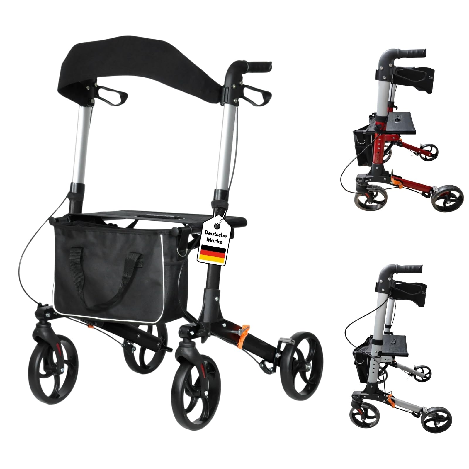 DIVID® Rollator aus Aluminium in 3 Farben 1002 B, Leichtgewicht ideal für Reisen, klappbar, Höhenverstellbar, Gehwagen,Gehhilfe, Praktische Tragetasche, Reflektoren (Schwarz)