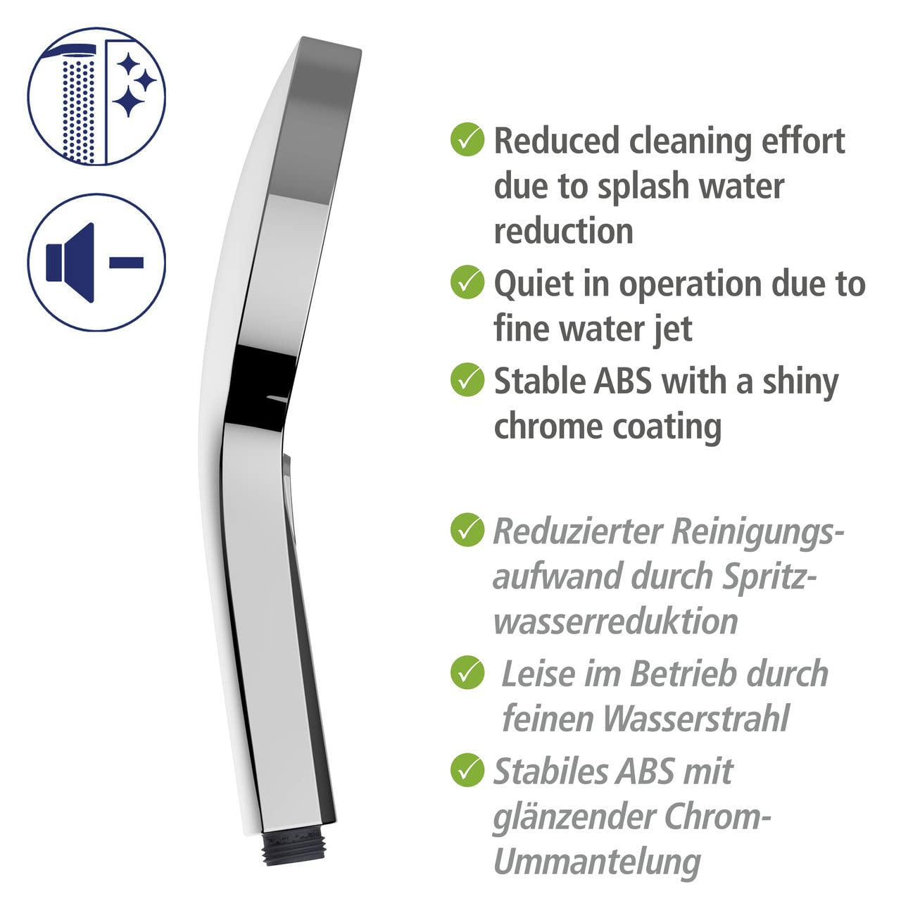WENKO Set doccia Softwater, asta per doccia in acciaio inox dal design angolare con soffione Softwater per getto finissimo e tubo doccia flessibile idoneo, adatto per riscaldatore di flusso, cromato