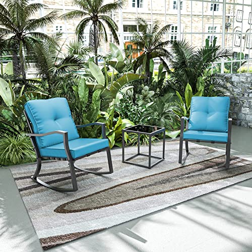 Gotland 3 Piece Patio Bistro Sets Outdoor Rocking Chairs Modern Patio Furniture Set Outdoor Conversation Set With Coffee Table & 2 Beige Thickened Cushions #TOP5