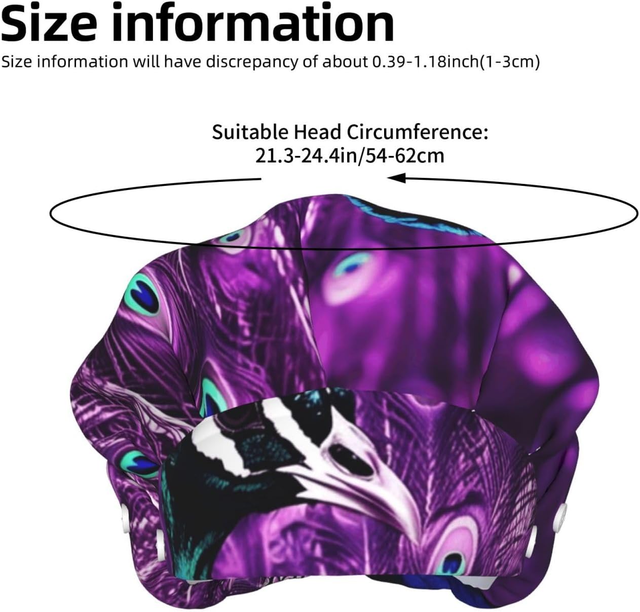 Purple Peacock Bouffant Cap with Buttons, Sweatband Cap