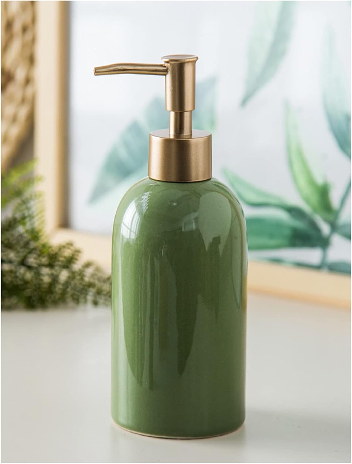 Lotion Dispenser Ceramic Round Soap Dispenser Fashion Lotion Bottle Suitable for Shampoo Lotion Bathroom Bedroom Solid Color 420ml/14.8oz Bathroom Lotion Dispensers (Color : Gray) (Green)