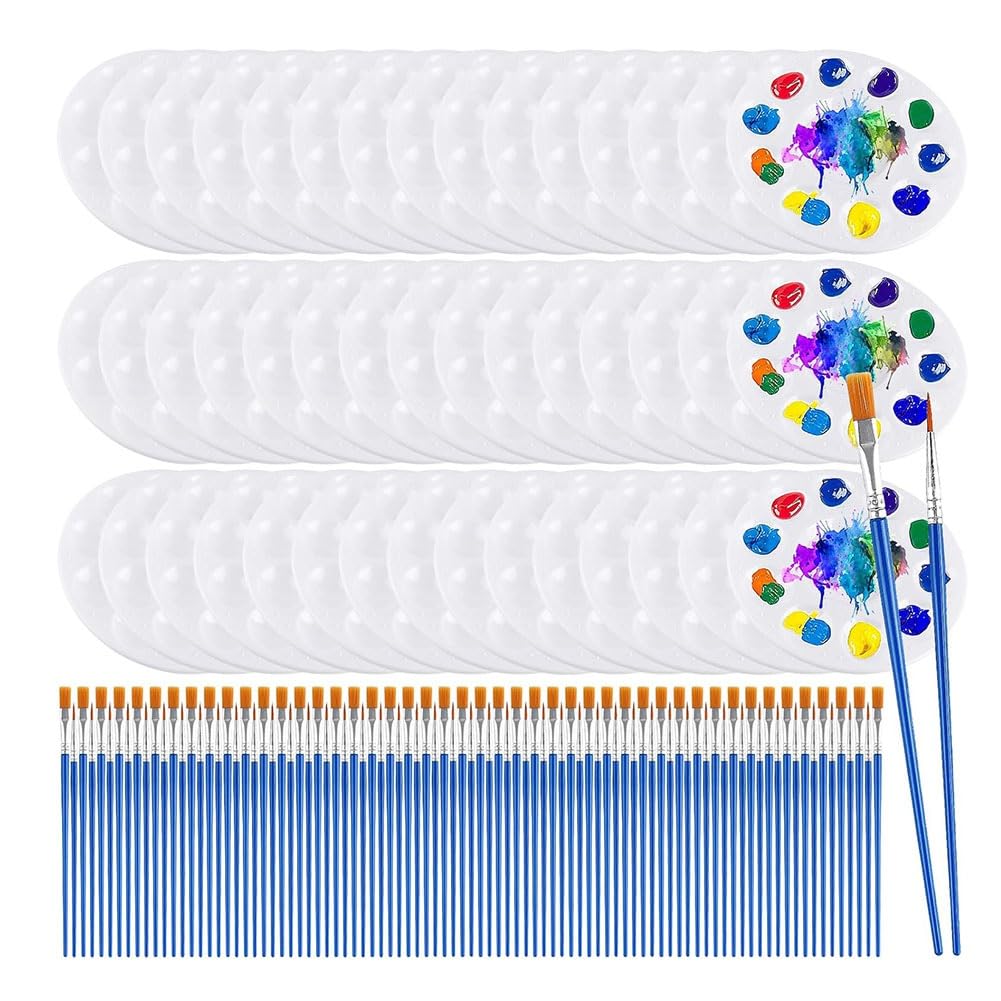 Osmond 150pcs Paint Brush Palette Set, 50pcs Plastic Paint Palette, 100pcs Paint Brushes, Paint Tray for Watercolor Painting