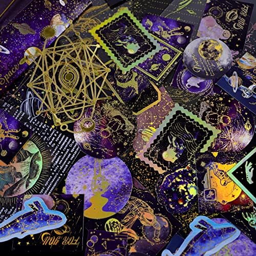 80PCS Vintage Bronzing Galaxy Scrapbook Supplies,Retro Journal Supplies Sets,Space Magic Galaxy Gold Foil Stickers,for Scrapbook Journal DIY Arts Crafts Notebook