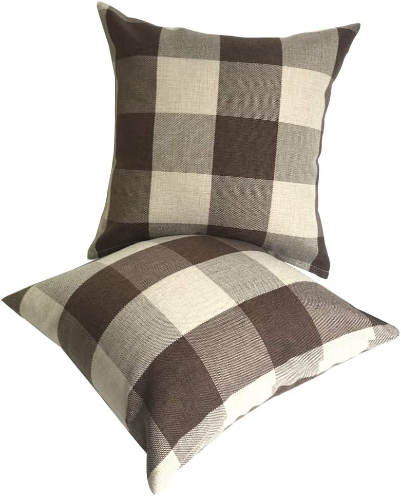 ULOVE LOVE YOURSELF 2Pack Rustic Tartan Checkered Throw Pillow Covers Farmhouse Decor Retro Buffalo Check Plaid Cotton Linen Decorative Cushion Cover Throw Pillowcase 18 x 18 Inch,Brown&Khaki